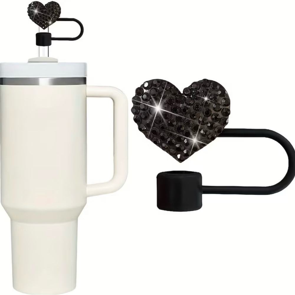 Heart Shaped Black Rhinestone Straw Cover